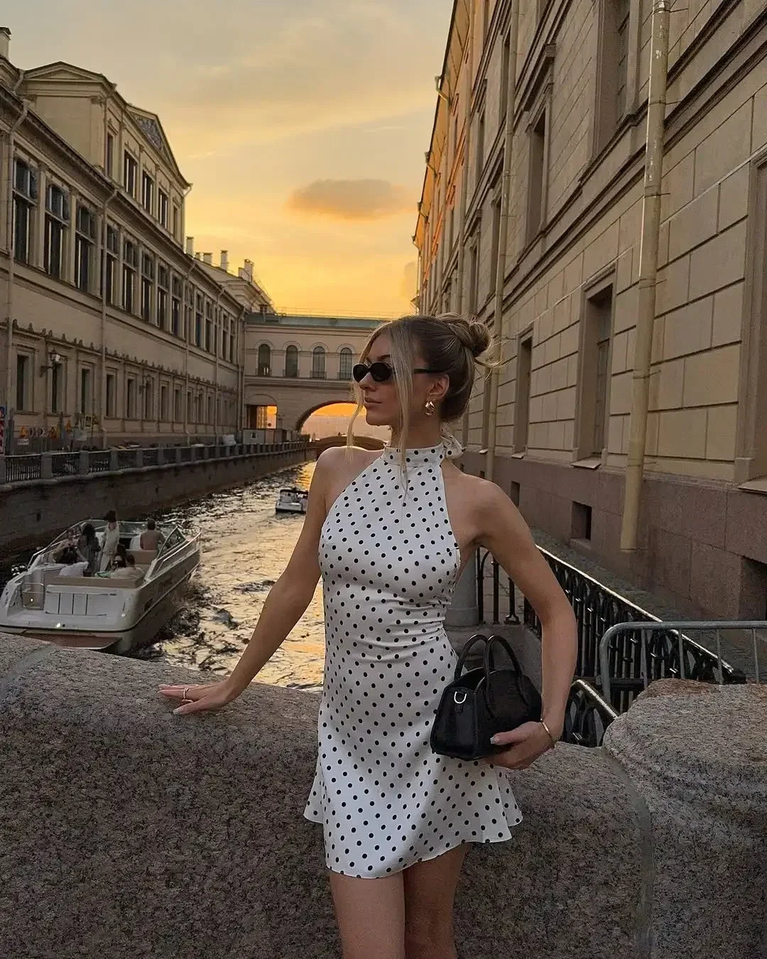 Women's Backless, Sleeveless Off Shoulder Lace Polka Dot Halter Dress