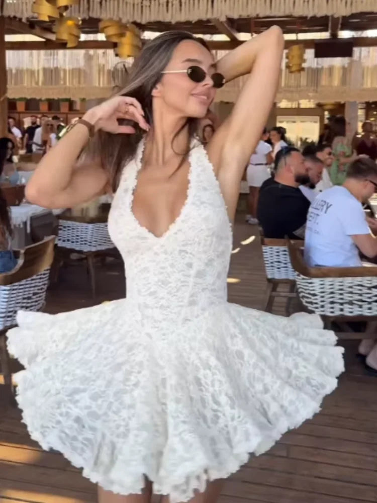 White lace halter-neck mini dress