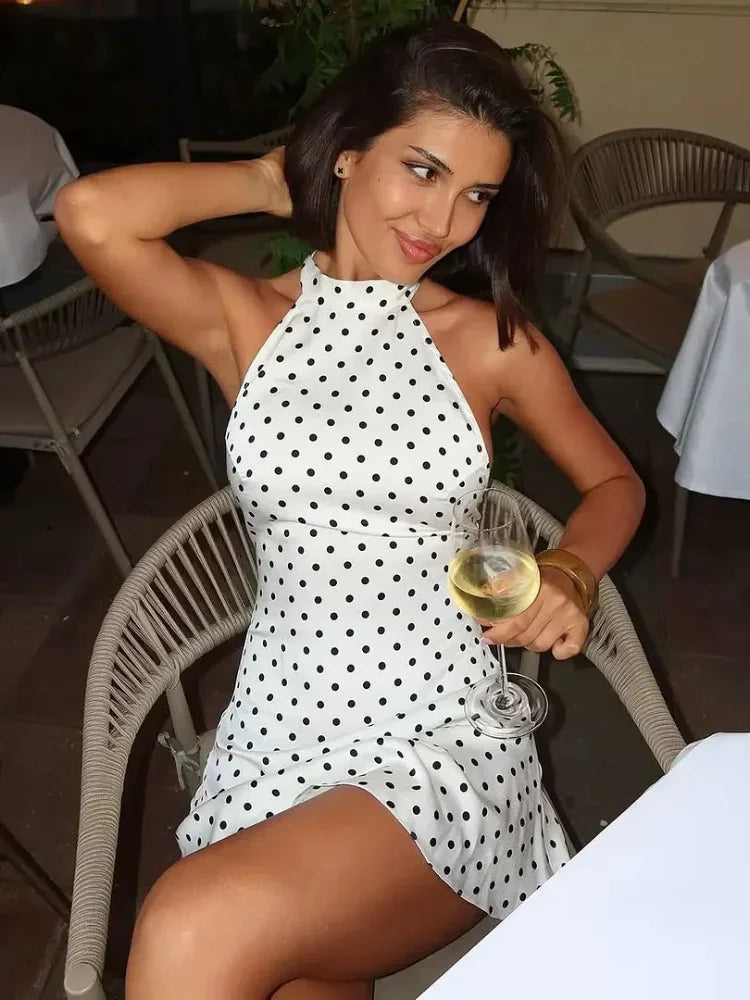 Women's Backless, Sleeveless Off Shoulder Lace Polka Dot Halter Dress