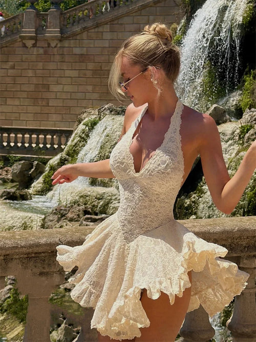 White lace halter-neck mini dress